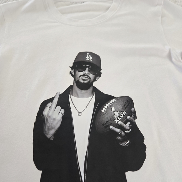 Tops - Graphic White Crewneck T-Shirt with B/W Photo Print - Bad Bunny Superbowl Theme